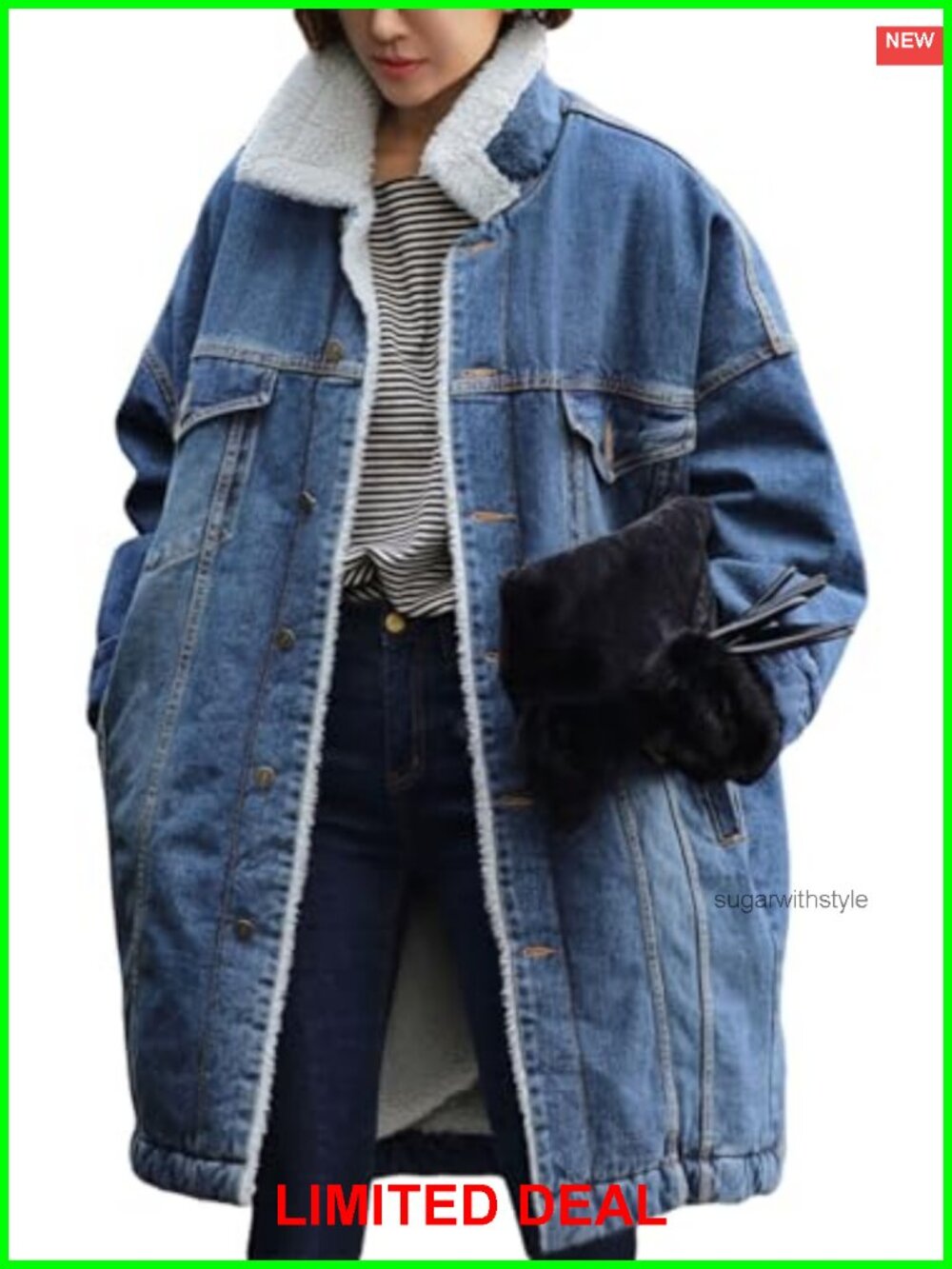 Long Sherpa Fleece Lined Denim Jacket Button Down Trucker Coat